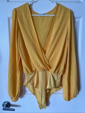 Yellow Fashion Nova Surplice Long Sleeve Bodysuit